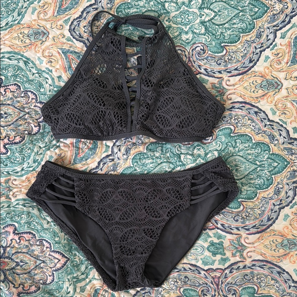 Roxy Charcoal Crochet Bikini Set